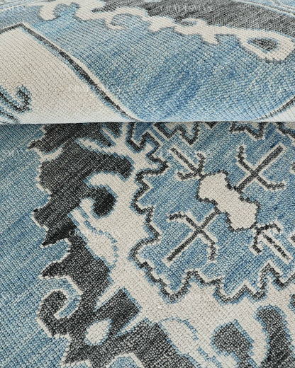Hand Knotted Blue Oushak Rug 8x10, Vintage Persian Style Area Rug, Blue Ivory & Charcoal Traditional Oriental Carpet