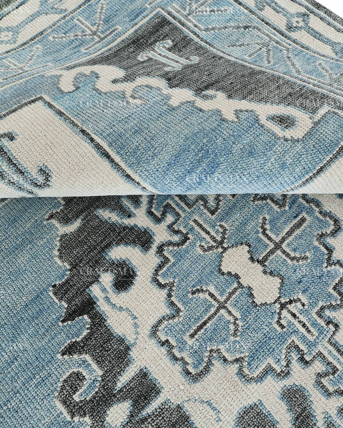 Hand Knotted Blue Oushak Rug 8x10, Vintage Persian Style Area Rug, Blue Ivory & Charcoal Traditional Oriental Carpet