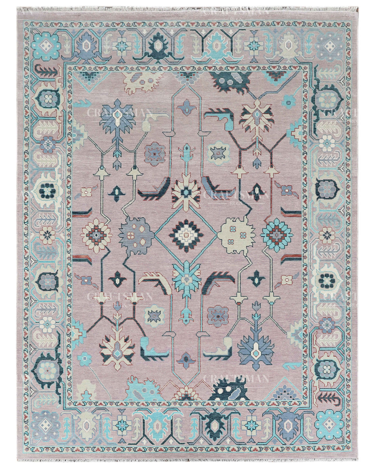 Hand Knotted Pink Oushak Rug 9x12, Vintage Persian Floral Area Rug, Dusty Rose Turquoise & Ivory Traditional Carpet