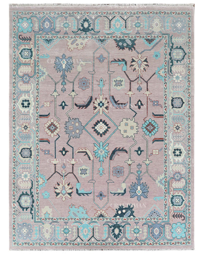Hand Knotted Pink Oushak Rug 9x12, Vintage Persian Floral Area Rug, Dusty Rose Turquoise & Ivory Traditional Carpet