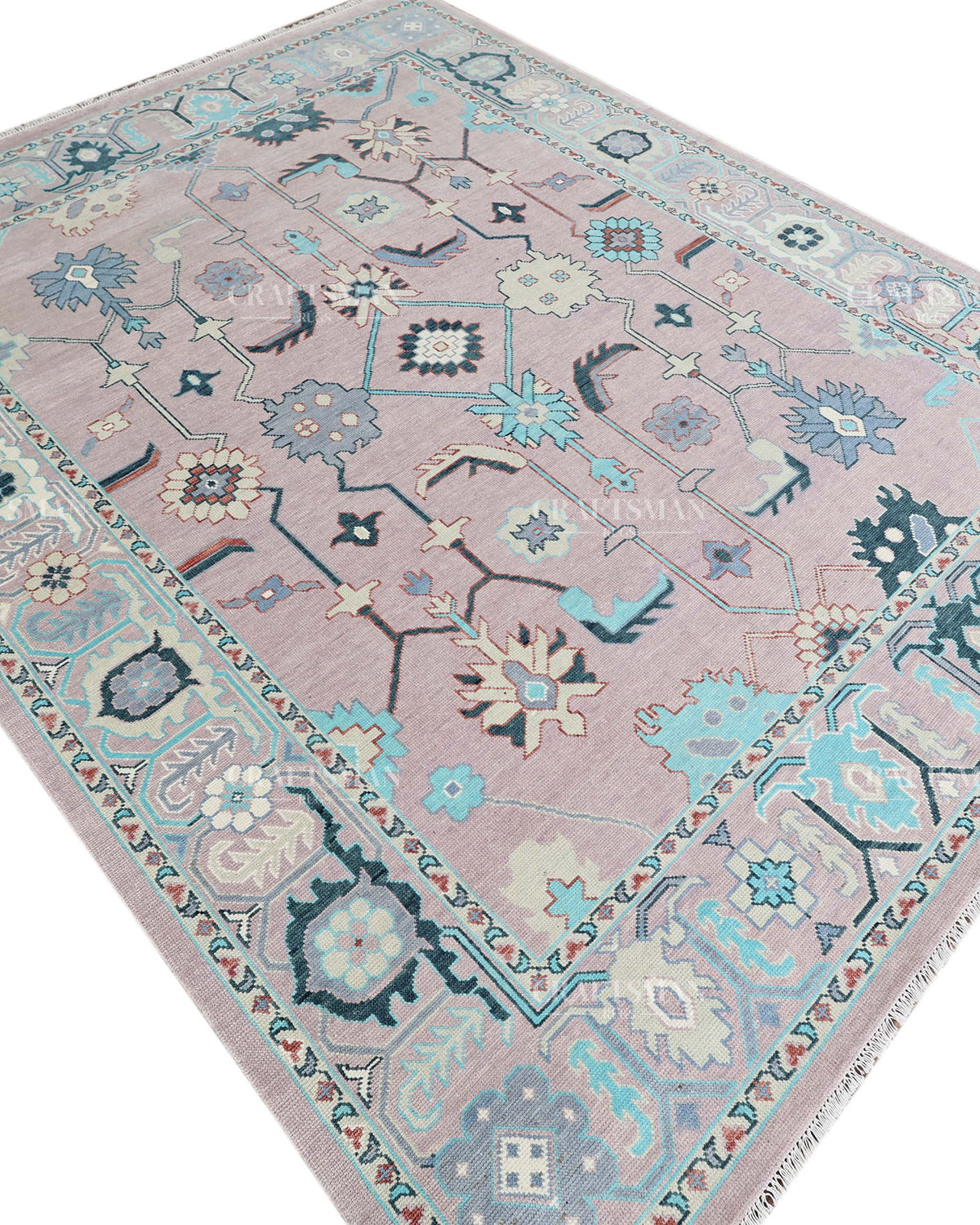 Hand Knotted Pink Oushak Rug 9x12, Vintage Persian Floral Area Rug, Dusty Rose Turquoise & Ivory Traditional Carpet