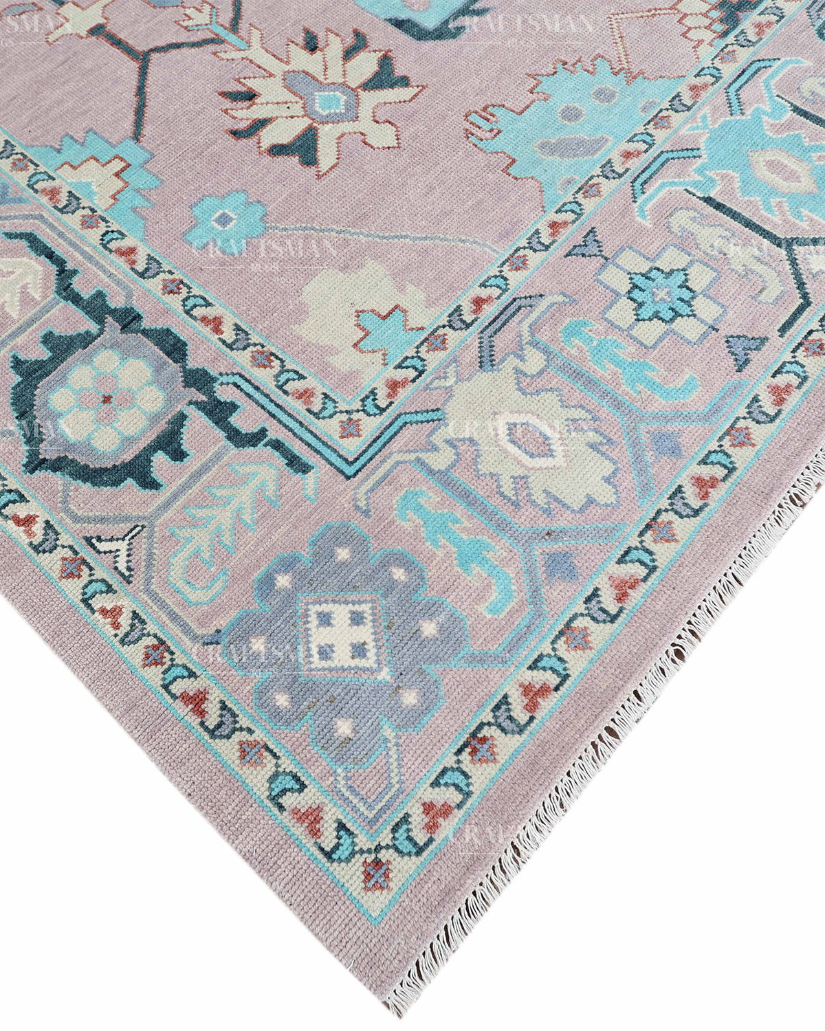 Hand Knotted Pink Oushak Rug 9x12, Vintage Persian Floral Area Rug, Dusty Rose Turquoise & Ivory Traditional Carpet