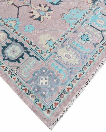Hand Knotted Pink Oushak Rug 9x12, Vintage Persian Floral Area Rug, Dusty Rose Turquoise & Ivory Traditional Carpet