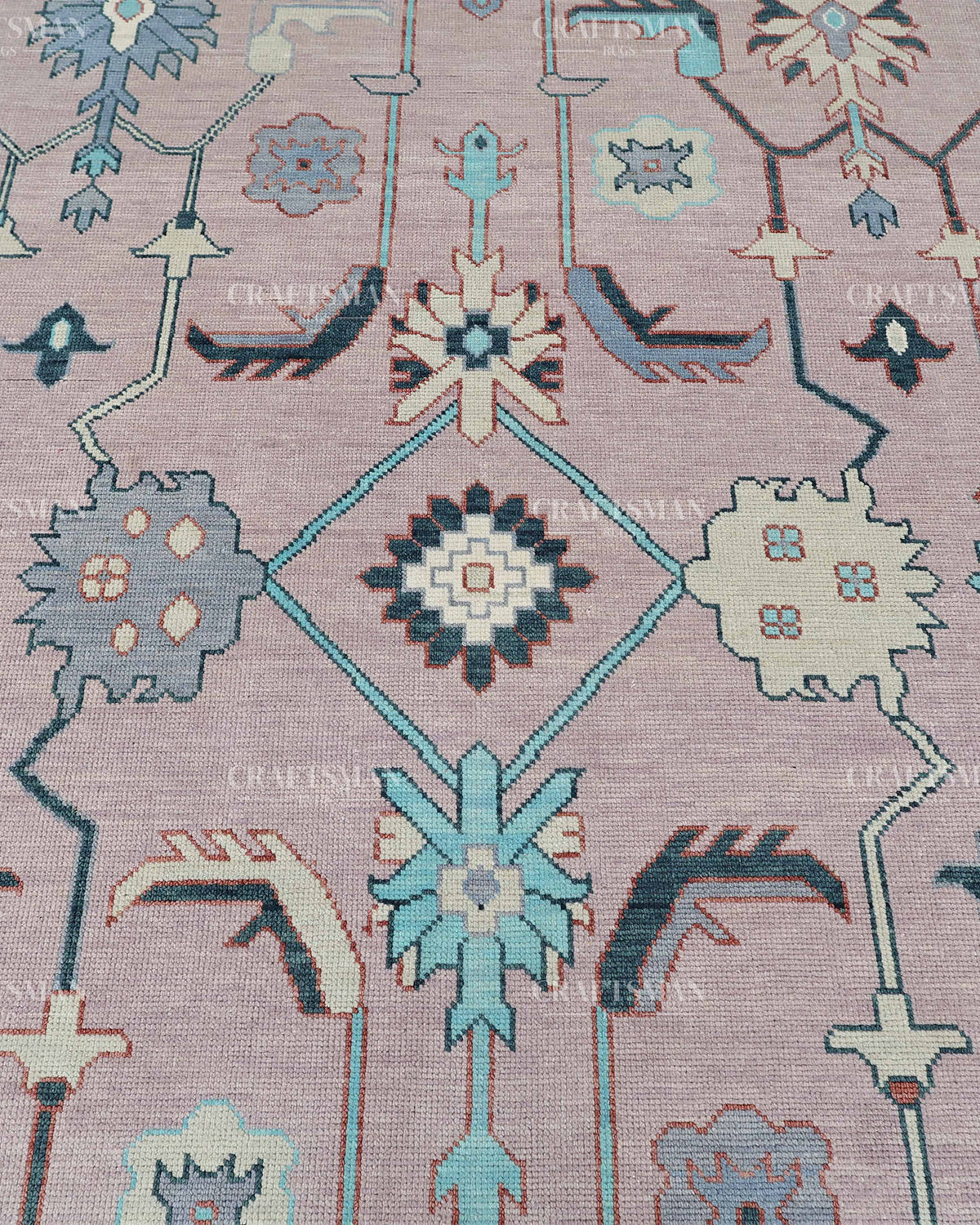Hand Knotted Pink Oushak Rug 9x12, Vintage Persian Floral Area Rug, Dusty Rose Turquoise & Ivory Traditional Carpet