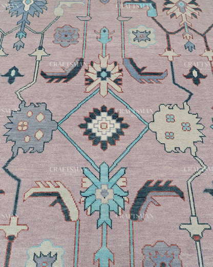 Hand Knotted Pink Oushak Rug 9x12, Vintage Persian Floral Area Rug, Dusty Rose Turquoise & Ivory Traditional Carpet