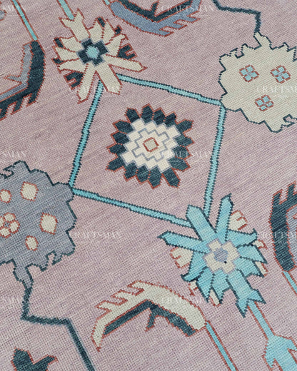 Hand Knotted Pink Oushak Rug 9x12, Vintage Persian Floral Area Rug, Dusty Rose Turquoise & Ivory Traditional Carpet