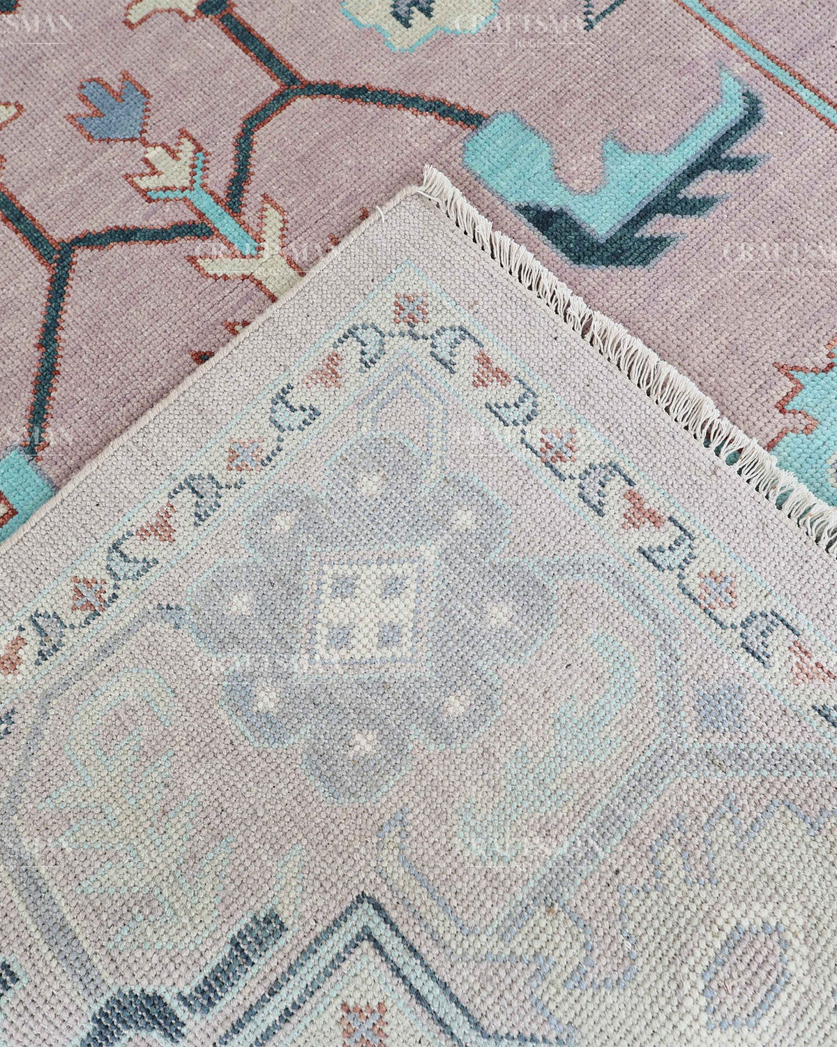 Hand Knotted Pink Oushak Rug 9x12, Vintage Persian Floral Area Rug, Dusty Rose Turquoise & Ivory Traditional Carpet
