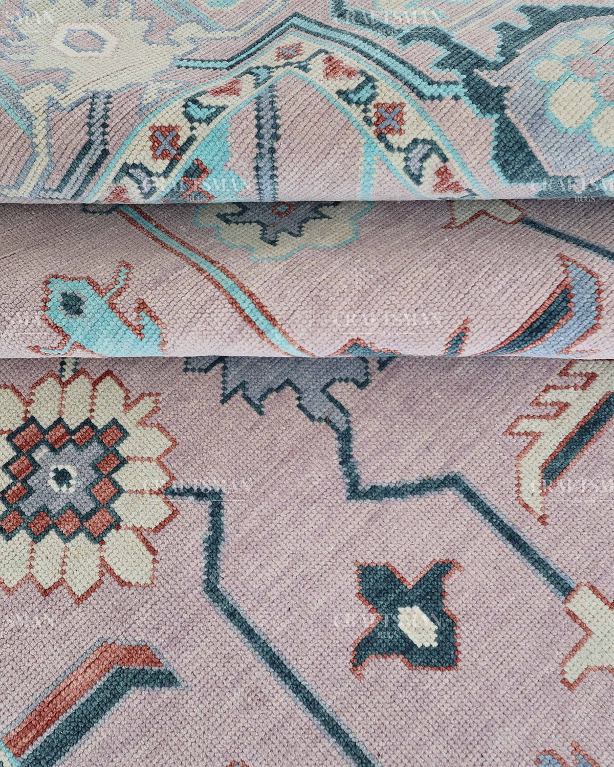 Hand Knotted Pink Oushak Rug 9x12, Vintage Persian Floral Area Rug, Dusty Rose Turquoise & Ivory Traditional Carpet