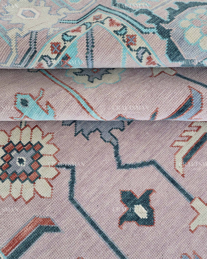 Hand Knotted Pink Oushak Rug 9x12, Vintage Persian Floral Area Rug, Dusty Rose Turquoise & Ivory Traditional Carpet