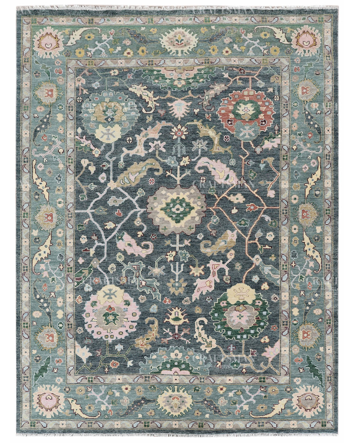 Hand Knotted Oushak Rug 9x12, Vintage Green Persian Floral Area Rug, Charcoal Blue Sage Green & Ivory Traditional Carpet