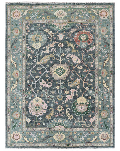Hand Knotted Oushak Rug 9x12, Vintage Green Persian Floral Area Rug, Charcoal Blue Sage Green & Ivory Traditional Carpet