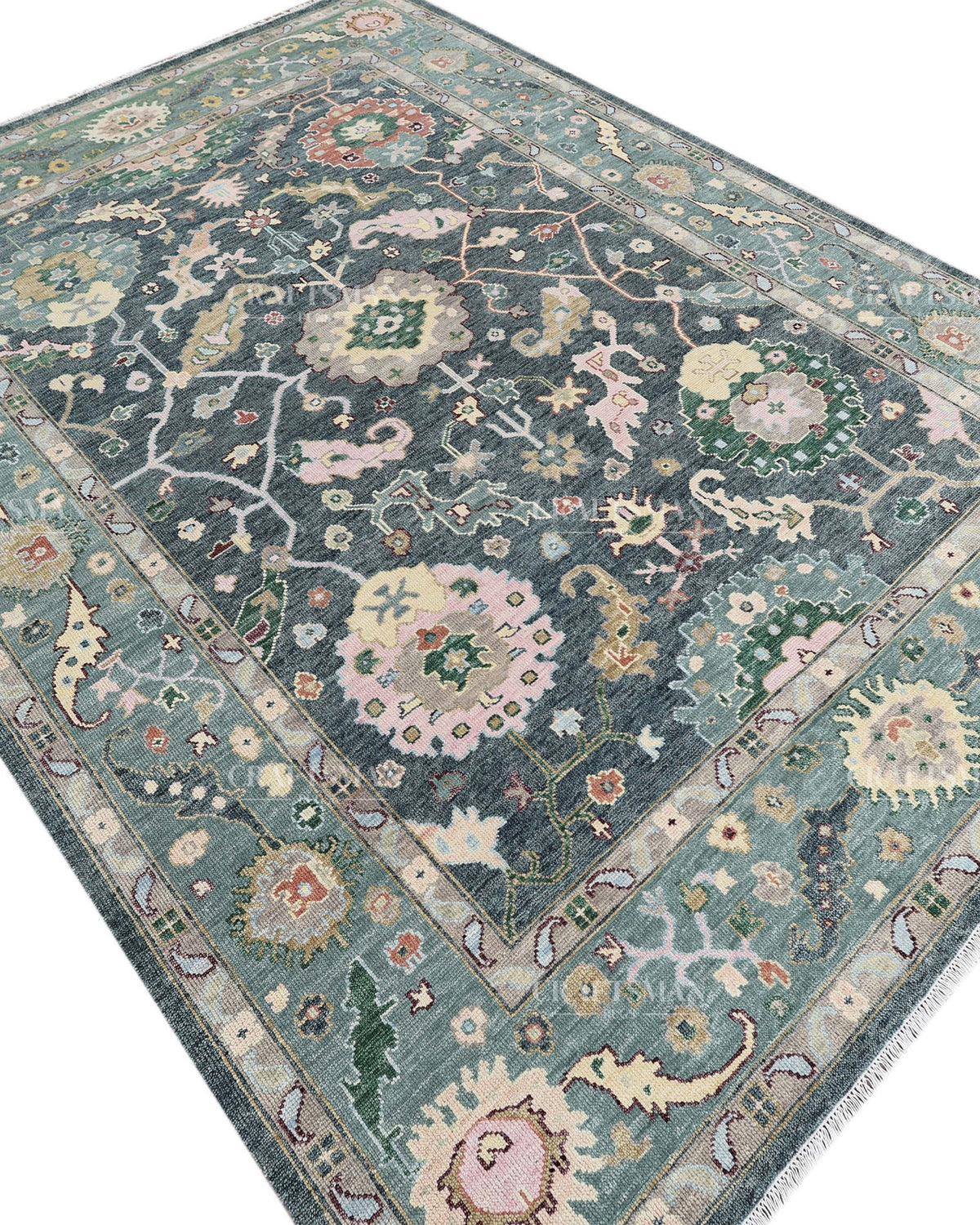 Hand Knotted Oushak Rug 9x12, Vintage Green Persian Floral Area Rug, Charcoal Blue Sage Green & Ivory Traditional Carpet