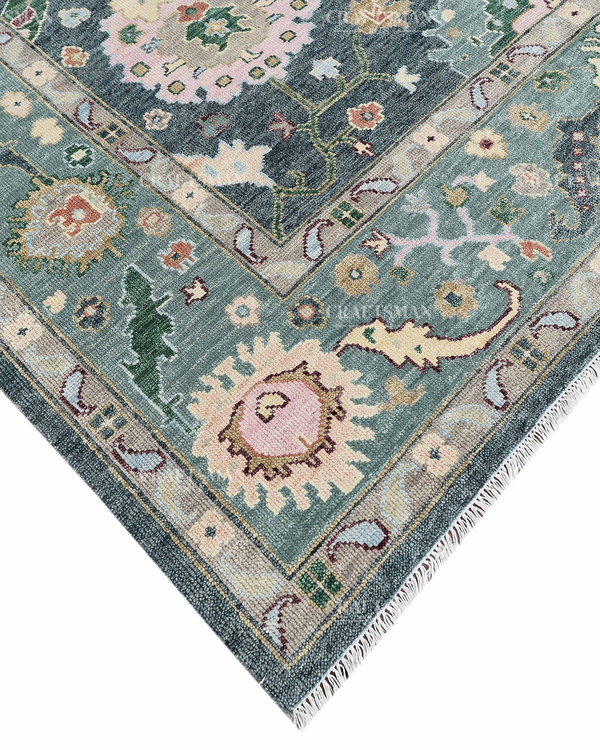 Hand Knotted Oushak Rug 9x12, Vintage Green Persian Floral Area Rug, Charcoal Blue Sage Green & Ivory Traditional Carpet