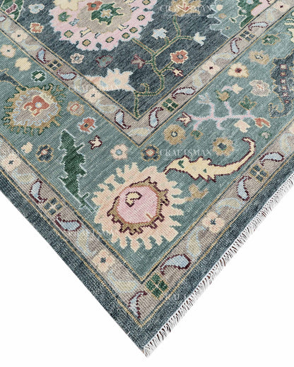 Hand Knotted Oushak Rug 9x12, Vintage Green Persian Floral Area Rug, Charcoal Blue Sage Green & Ivory Traditional Carpet