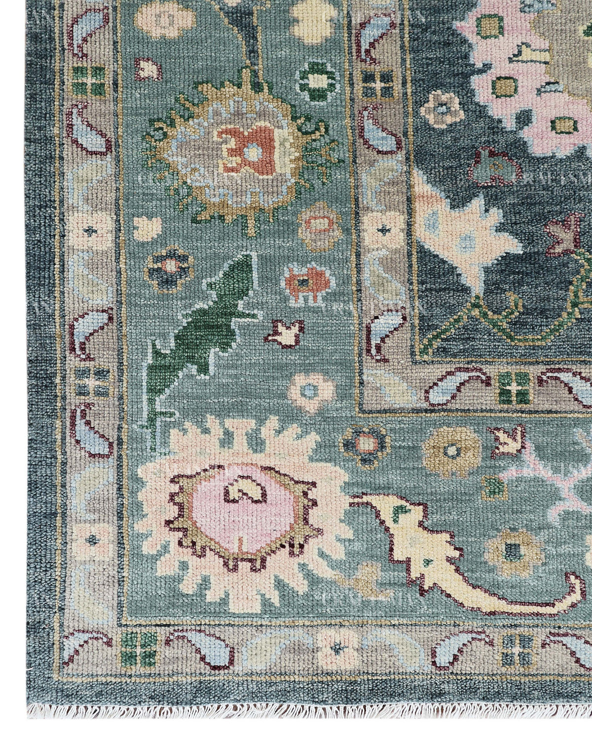 Hand Knotted Oushak Rug 9x12, Vintage Green Persian Floral Area Rug, Charcoal Blue Sage Green & Ivory Traditional Carpet