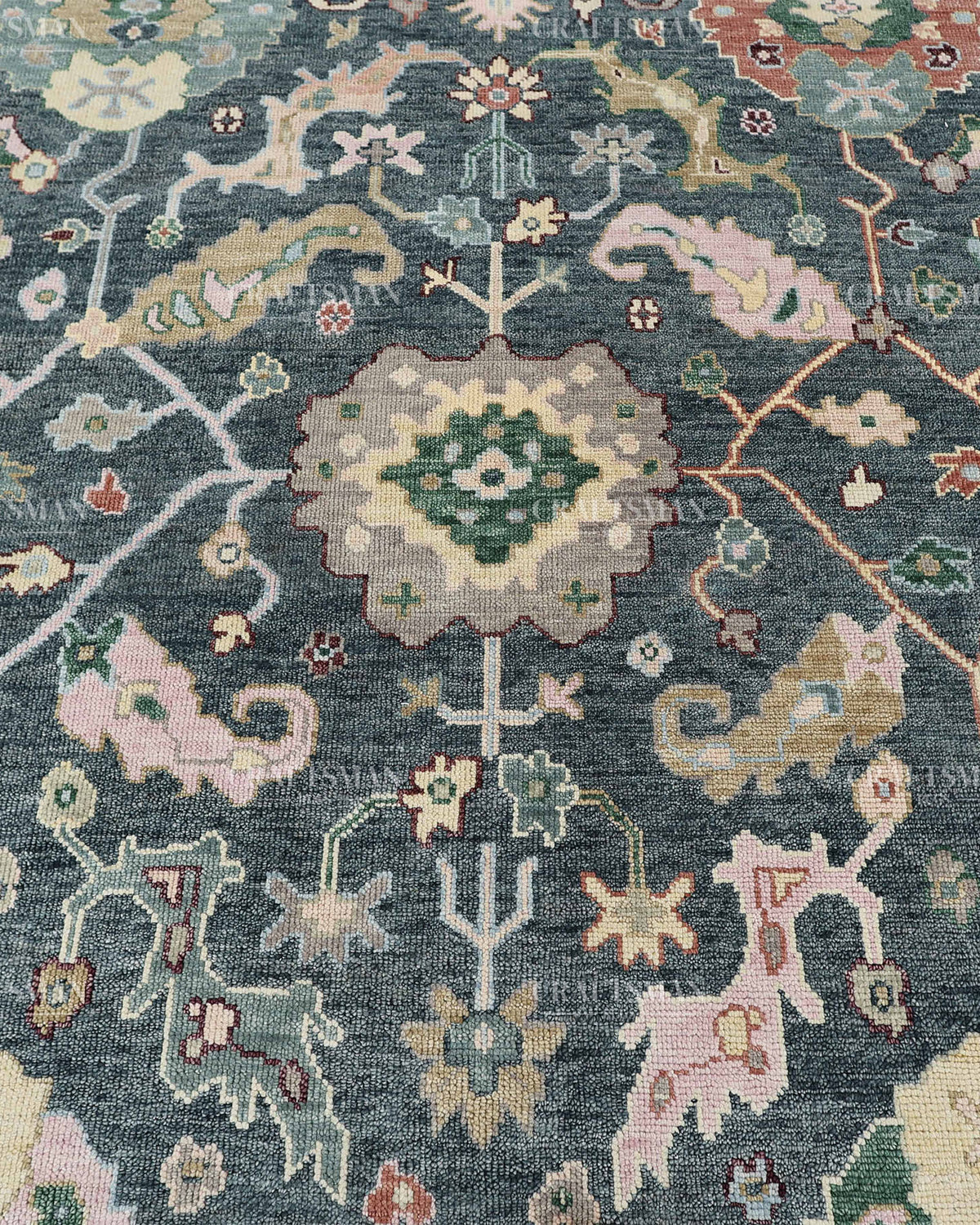 Hand Knotted Oushak Rug 9x12, Vintage Green Persian Floral Area Rug, Charcoal Blue Sage Green & Ivory Traditional Carpet