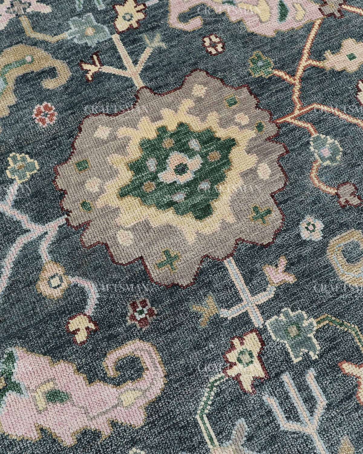 Hand Knotted Oushak Rug 9x12, Vintage Green Persian Floral Area Rug, Charcoal Blue Sage Green & Ivory Traditional Carpet