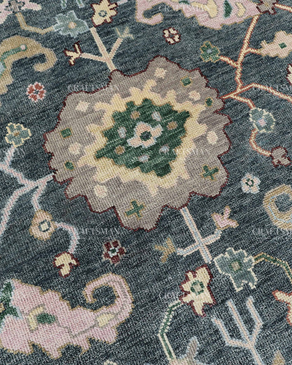 Hand Knotted Oushak Rug 9x12, Vintage Green Persian Floral Area Rug, Charcoal Blue Sage Green & Ivory Traditional Carpet