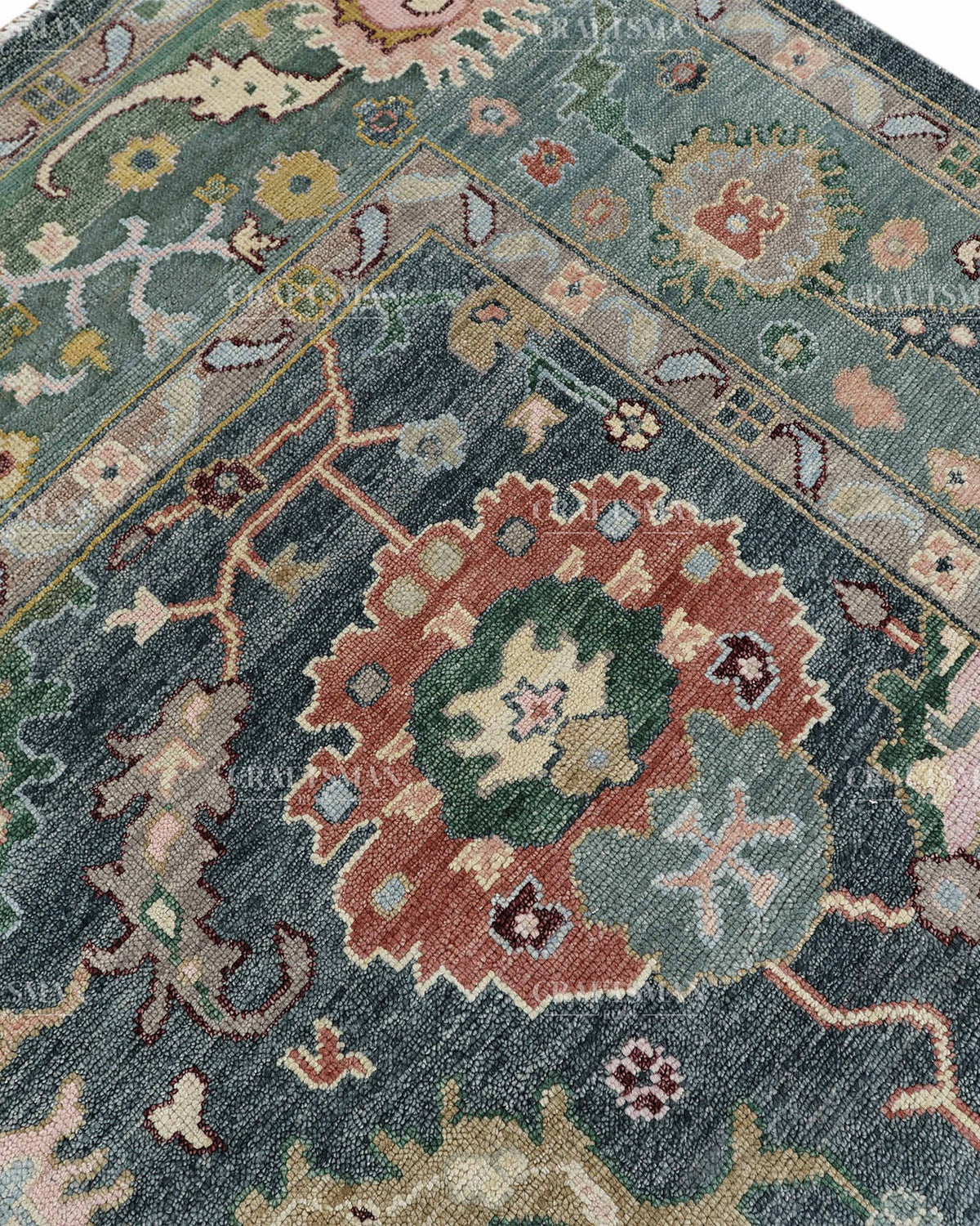 Hand Knotted Oushak Rug 9x12, Vintage Green Persian Floral Area Rug, Charcoal Blue Sage Green & Ivory Traditional Carpet