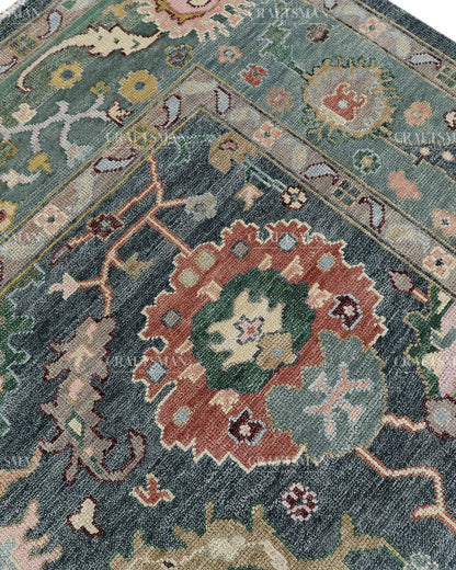 Hand Knotted Oushak Rug 9x12, Vintage Green Persian Floral Area Rug, Charcoal Blue Sage Green & Ivory Traditional Carpet