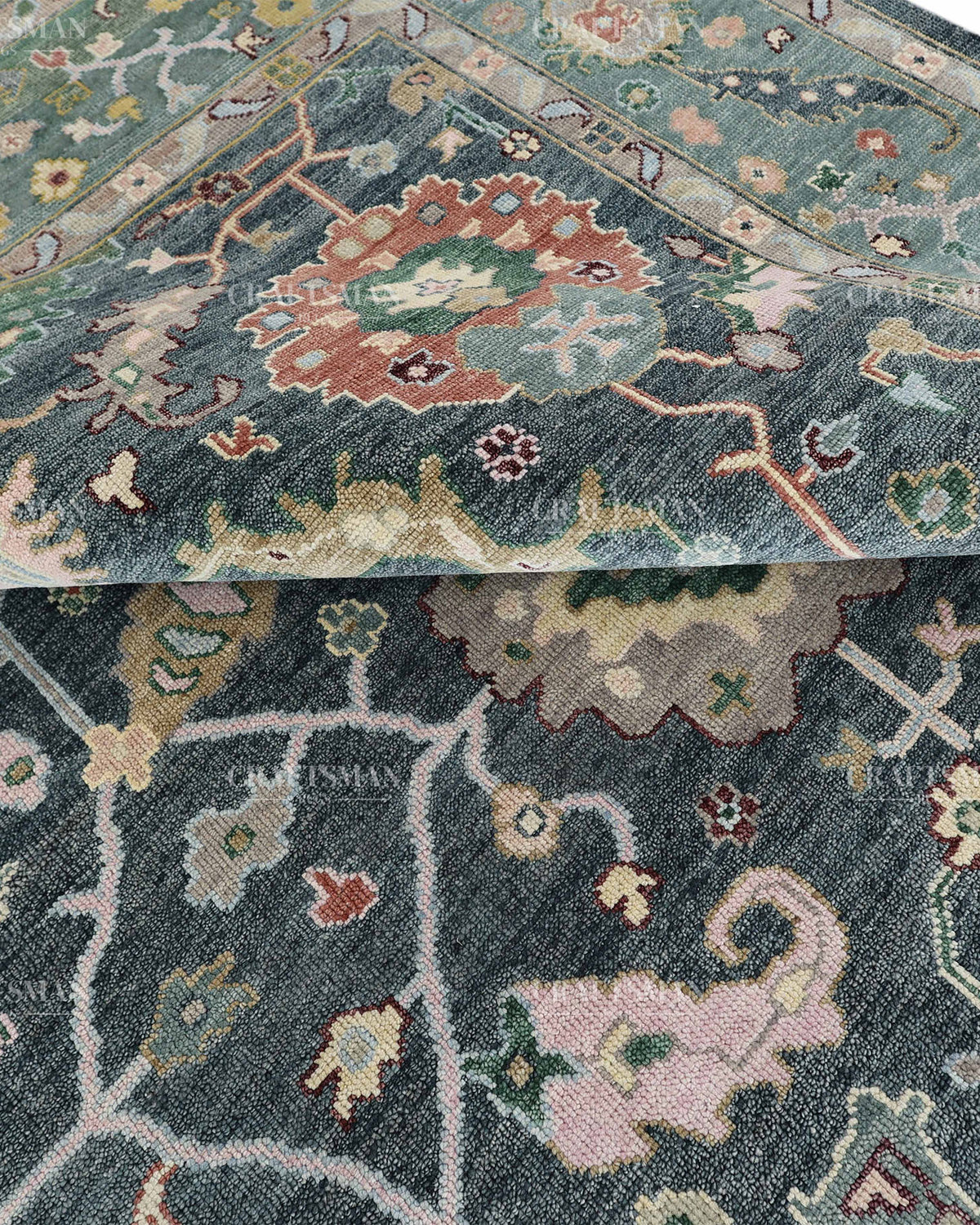 Hand Knotted Oushak Rug 9x12, Vintage Green Persian Floral Area Rug, Charcoal Blue Sage Green & Ivory Traditional Carpet