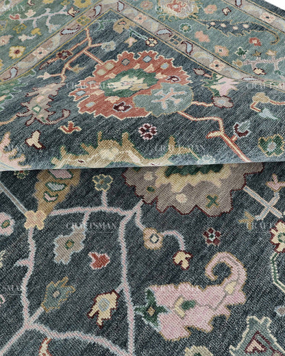 Hand Knotted Oushak Rug 9x12, Vintage Green Persian Floral Area Rug, Charcoal Blue Sage Green & Ivory Traditional Carpet