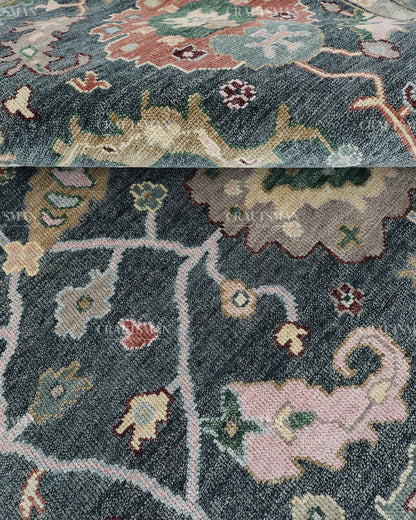 Hand Knotted Oushak Rug 9x12, Vintage Green Persian Floral Area Rug, Charcoal Blue Sage Green & Ivory Traditional Carpet
