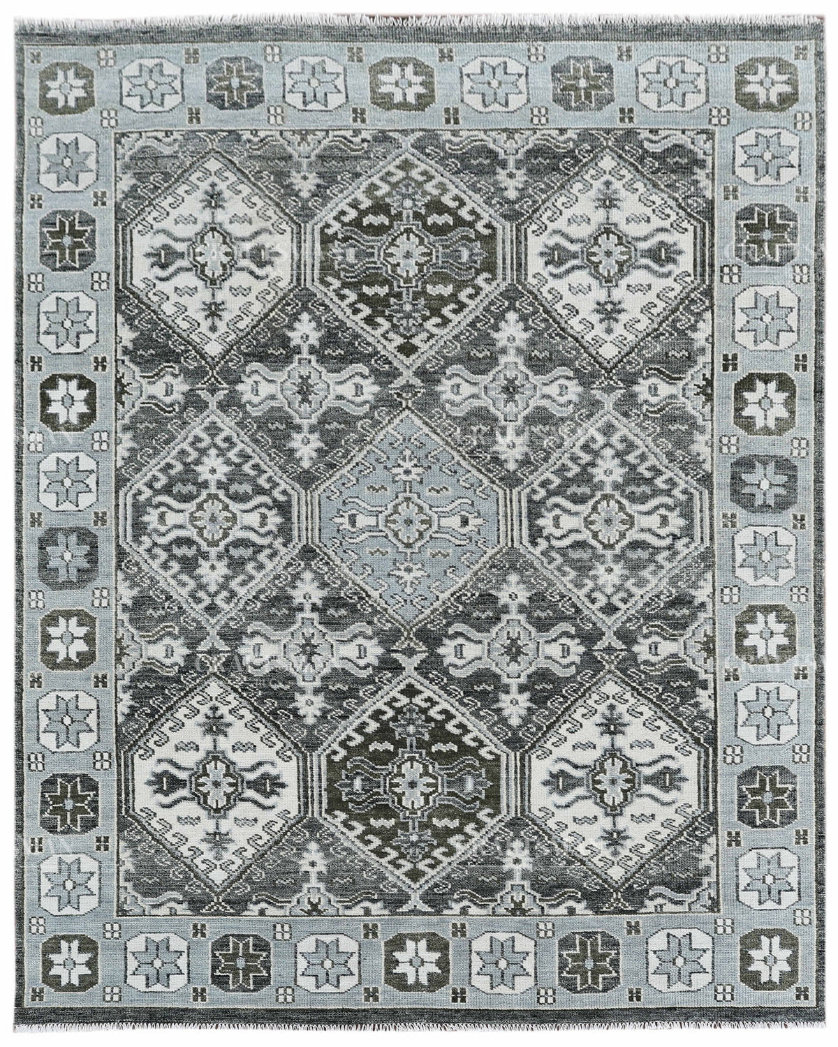 Hand Knotted Geometric Rug 8x10, Vintage Persian Style Area Rug, Charcoal Gray Ivory & Blue Traditional Oriental Carpet