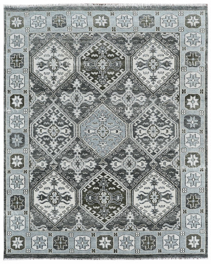 Hand Knotted Geometric Rug 8x10, Vintage Persian Style Area Rug, Charcoal Gray Ivory & Blue Traditional Oriental Carpet