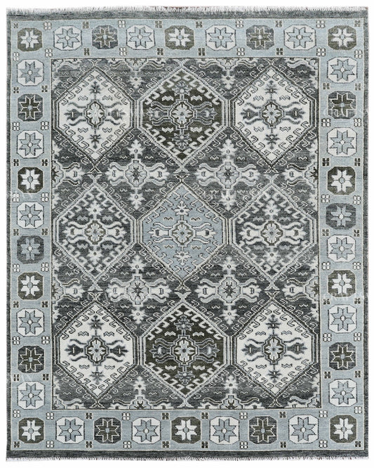 Hand Knotted Geometric Rug 8x10, Vintage Persian Style Area Rug, Charcoal Gray Ivory & Blue Traditional Oriental Carpet