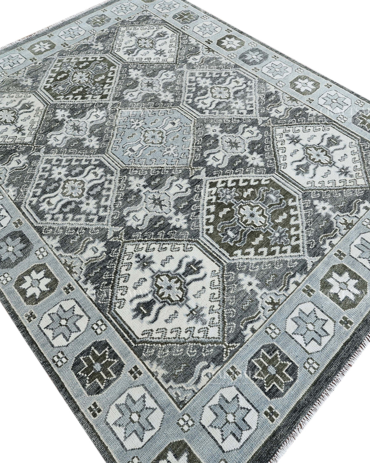 Hand Knotted Geometric Rug 8x10, Vintage Persian Style Area Rug, Charcoal Gray Ivory & Blue Traditional Oriental Carpet