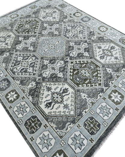 Hand Knotted Geometric Rug 8x10, Vintage Persian Style Area Rug, Charcoal Gray Ivory & Blue Traditional Oriental Carpet