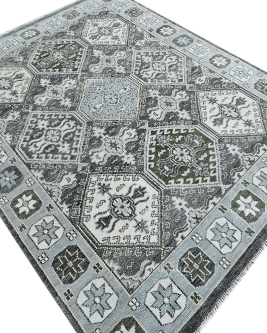 Hand Knotted Geometric Rug 8x10, Vintage Persian Style Area Rug, Charcoal Gray Ivory & Blue Traditional Oriental Carpet
