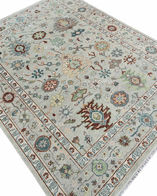 Hand Knotted Oushak Rug 8x10, Vintage Ivory Persian Floral Area Rug, Sage Green Rust & Blue Traditional Oriental Carpet
