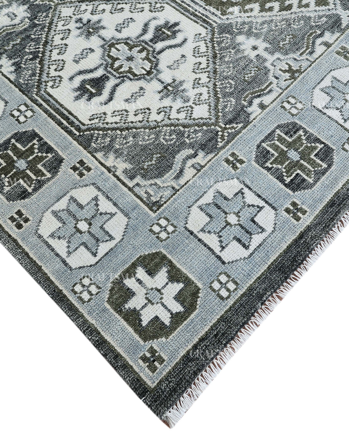 Hand Knotted Geometric Rug 8x10, Vintage Persian Style Area Rug, Charcoal Gray Ivory & Blue Traditional Oriental Carpet