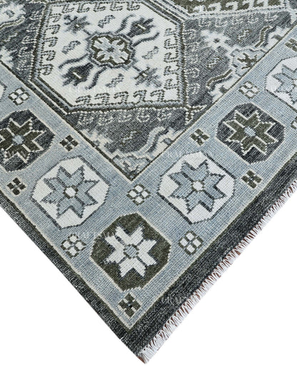 Hand Knotted Geometric Rug 8x10, Vintage Persian Style Area Rug, Charcoal Gray Ivory & Blue Traditional Oriental Carpet
