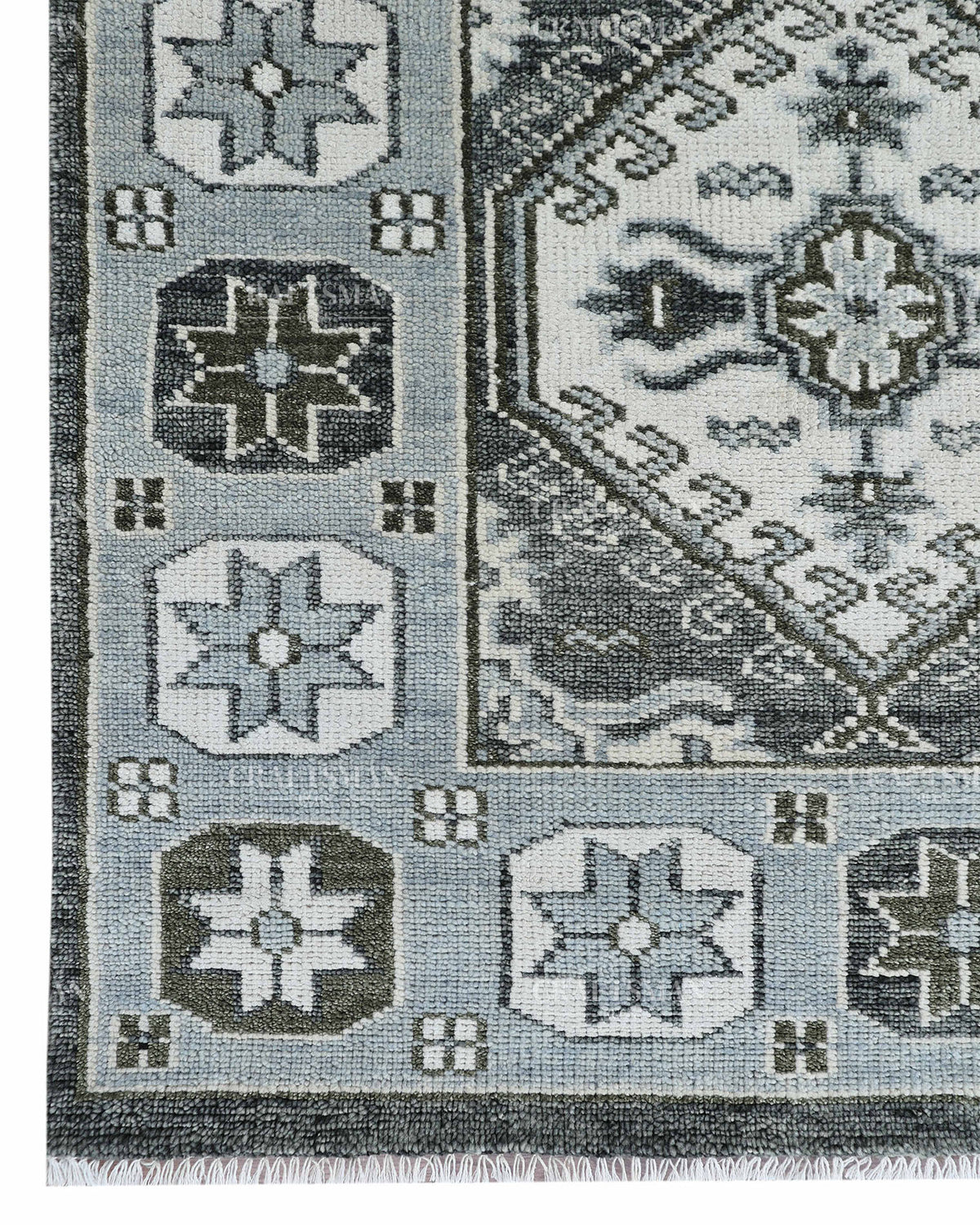 Hand Knotted Geometric Rug 8x10, Vintage Persian Style Area Rug, Charcoal Gray Ivory & Blue Traditional Oriental Carpet