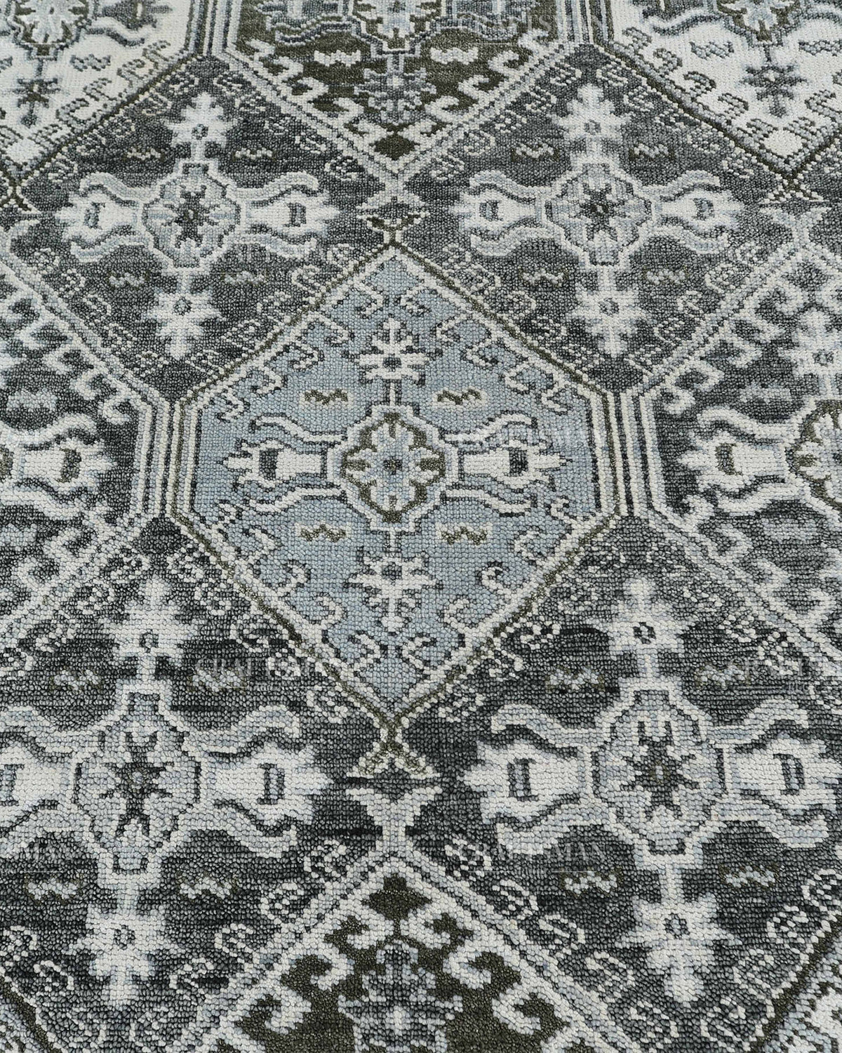 Hand Knotted Geometric Rug 8x10, Vintage Persian Style Area Rug, Charcoal Gray Ivory & Blue Traditional Oriental Carpet