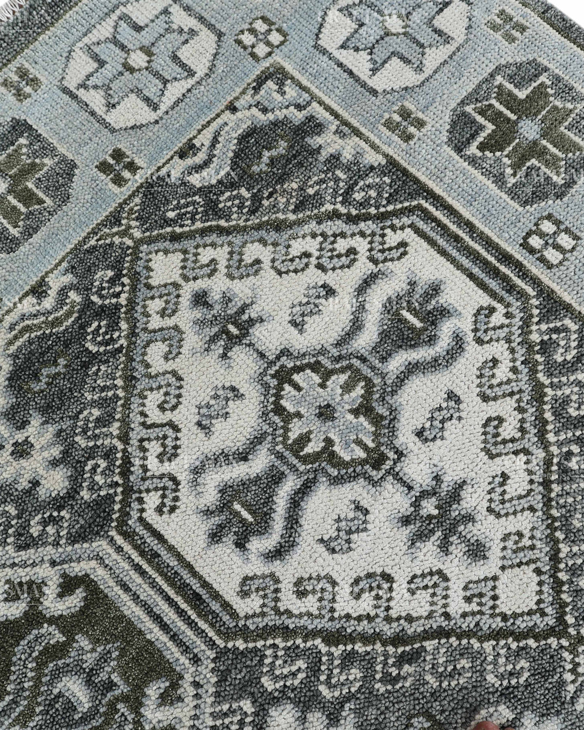 Hand Knotted Geometric Rug 8x10, Vintage Persian Style Area Rug, Charcoal Gray Ivory & Blue Traditional Oriental Carpet