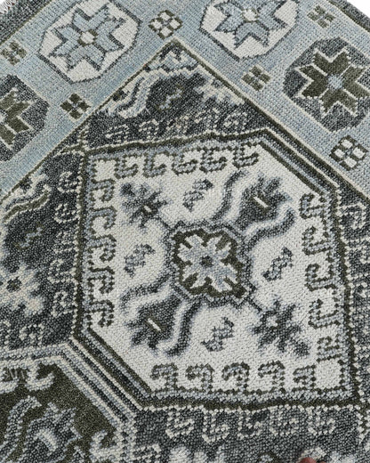 Hand Knotted Geometric Rug 8x10, Vintage Persian Style Area Rug, Charcoal Gray Ivory & Blue Traditional Oriental Carpet
