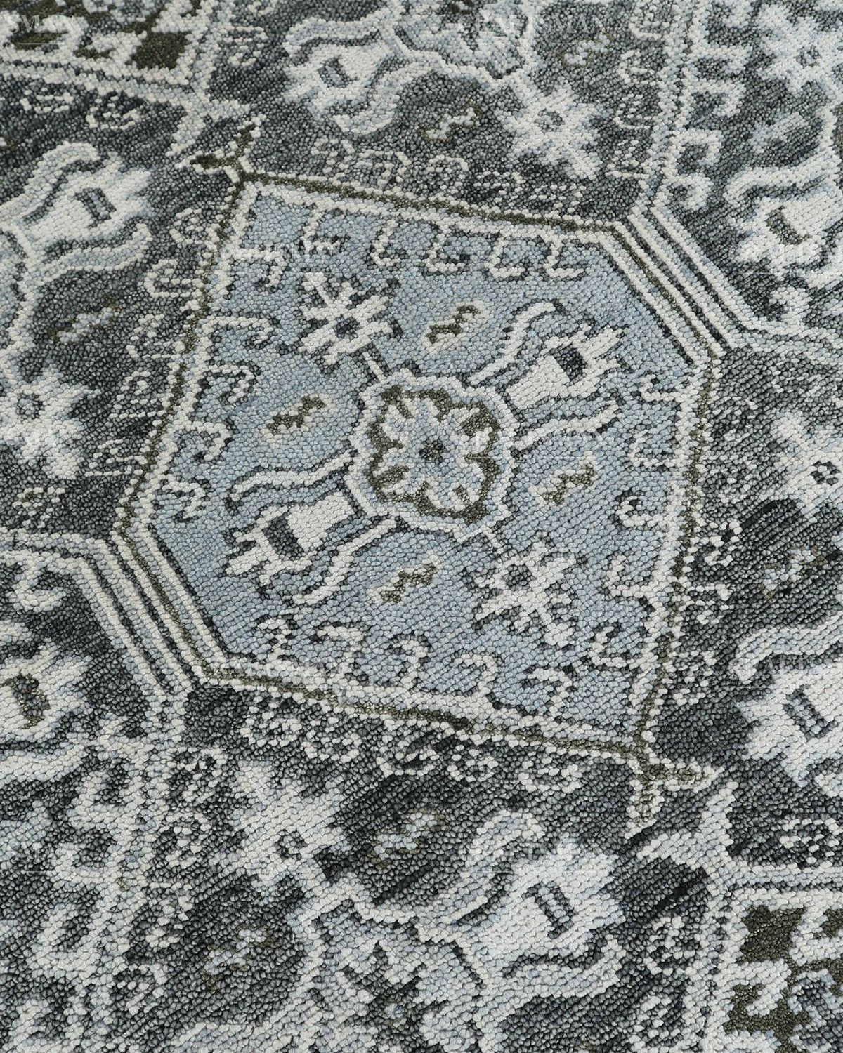 Hand Knotted Geometric Rug 8x10, Vintage Persian Style Area Rug, Charcoal Gray Ivory & Blue Traditional Oriental Carpet