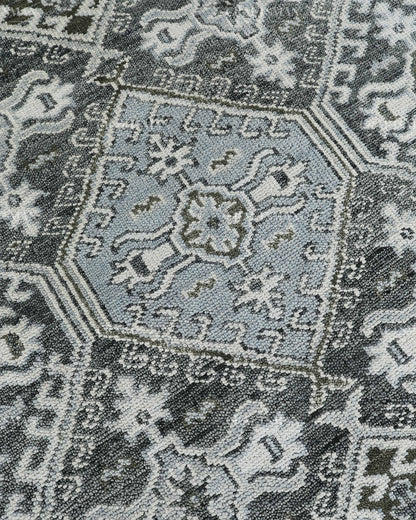 Hand Knotted Geometric Rug 8x10, Vintage Persian Style Area Rug, Charcoal Gray Ivory & Blue Traditional Oriental Carpet