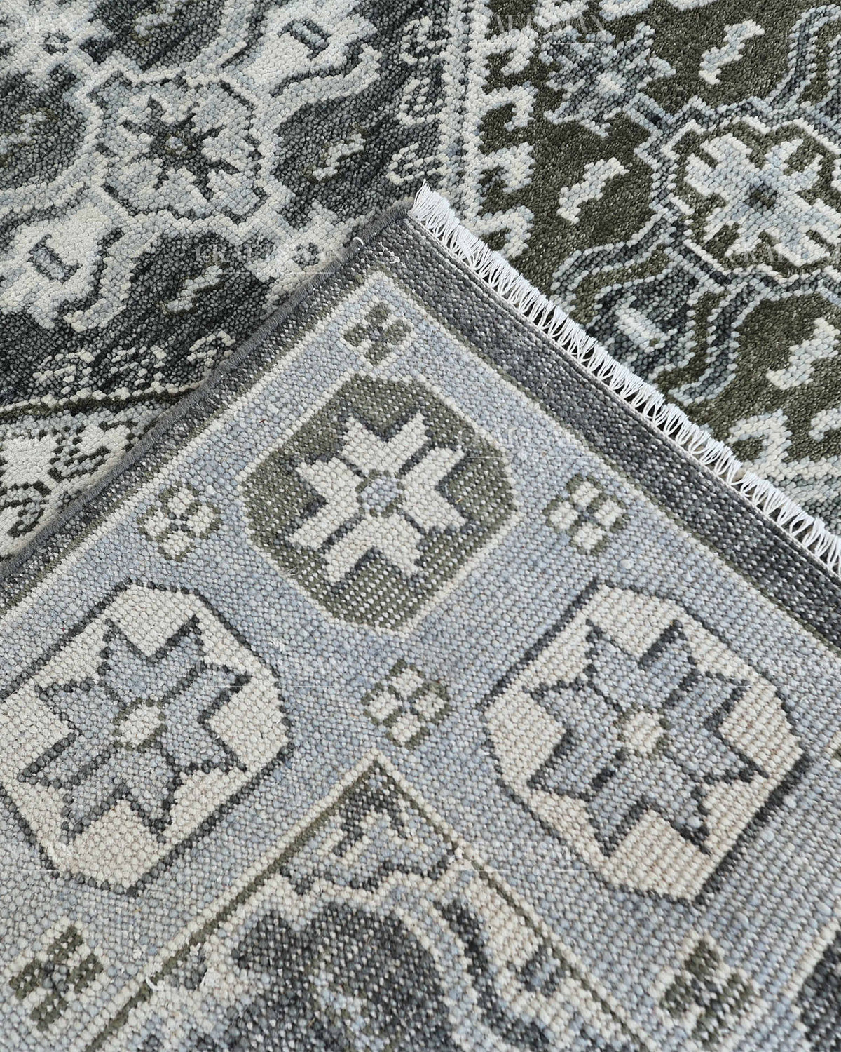 Hand Knotted Geometric Rug 8x10, Vintage Persian Style Area Rug, Charcoal Gray Ivory & Blue Traditional Oriental Carpet