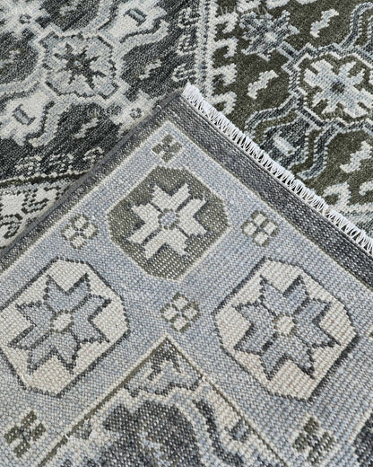 Hand Knotted Geometric Rug 8x10, Vintage Persian Style Area Rug, Charcoal Gray Ivory & Blue Traditional Oriental Carpet