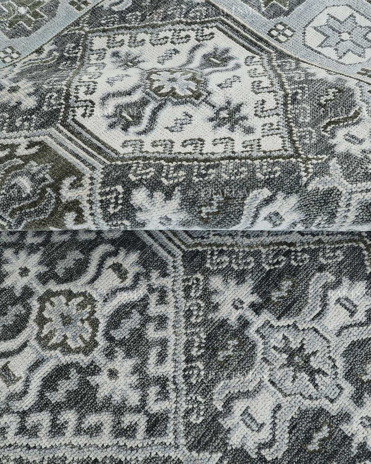 Hand Knotted Geometric Rug 8x10, Vintage Persian Style Area Rug, Charcoal Gray Ivory & Blue Traditional Oriental Carpet