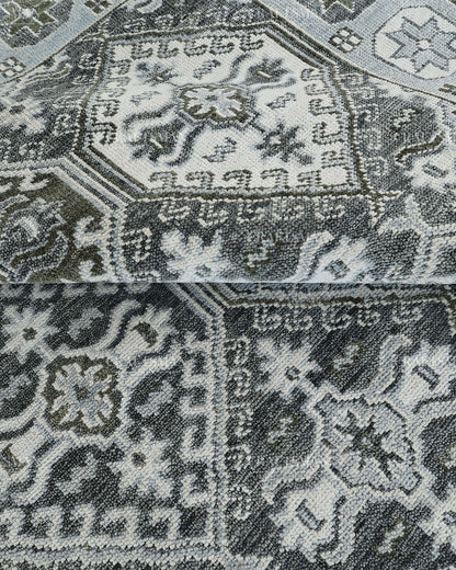 Hand Knotted Geometric Rug 8x10, Vintage Persian Style Area Rug, Charcoal Gray Ivory & Blue Traditional Oriental Carpet