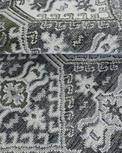 Hand Knotted Geometric Rug 8x10, Vintage Persian Style Area Rug, Charcoal Gray Ivory & Blue Traditional Oriental Carpet