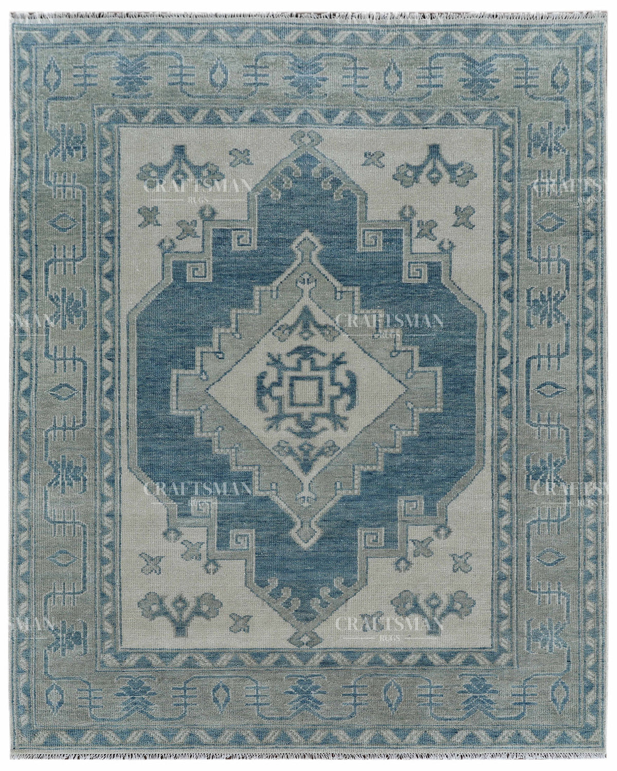 Hand Knotted Blue Oushak Rug 8x10, Vintage Persian Style Area Rug, Dusty Blue & Ivory Geometric Medallion Carpet