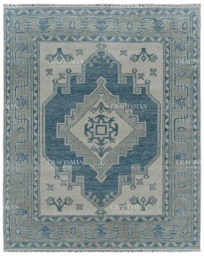 Hand Knotted Blue Oushak Rug 8x10, Vintage Persian Style Area Rug, Dusty Blue & Ivory Geometric Medallion Carpet