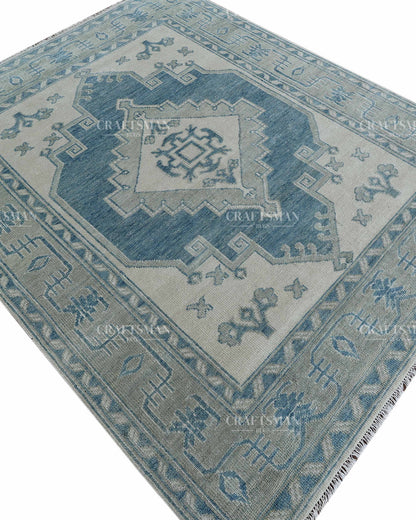 Hand Knotted Blue Oushak Rug 8x10, Vintage Persian Style Area Rug, Dusty Blue & Ivory Geometric Medallion Carpet